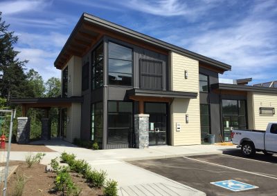 Two-storey commercial building with angled roofs