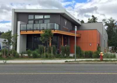 Two-storey commercial building with orange and grey panels